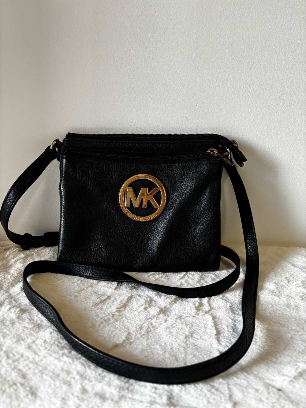 Michael Kors Black Leather Crossbody with Gold MK Emblem